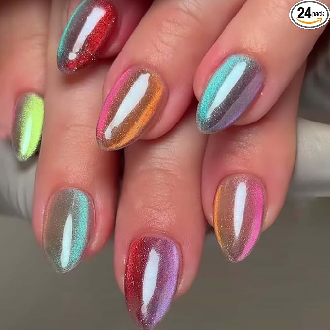 30Pcs Red French Tip Press on Nails Short Almond ZWENJIE Cat Eye Fake Nails Press ons Nail Tips Stick on Nails Glossy Acrylic Nails Kit False Nails with Pink Design Nail Art for Women Glitter Manicure