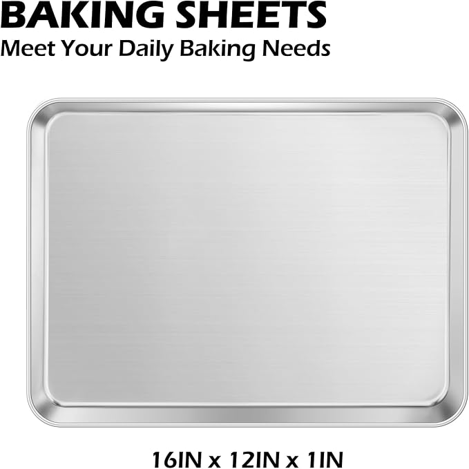 Leonyo 16x12IN Stainless Steel Baking Sheets Set, 2 Pack Stainless Steel Jelly Roll Pan Sheet Pan for Baking Cookie, Commercial Grade Metal Toaster Oven Tray for Oven, Dishwasher Safe