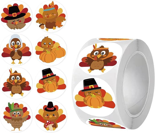 500Pcs Fall Stickers Roll 1 Inch Self Adhesive Cute Turkey Round Stickers 8 Style Cartoon Turkey Design Thanksgiving Stickers Autumn Pumpkin Roll Decals for Fall Envelope Card Gift Box Party Supplies