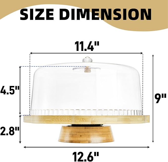 Pumtus Rotating Cake Stand with Acrylic Lid, Round Bamboo Cake Turntable for Decorating, Spinning Charcuterie Board with Dome, Dessert Display Platter, Pastry Cheese Pie Holder for Birthday Wedding