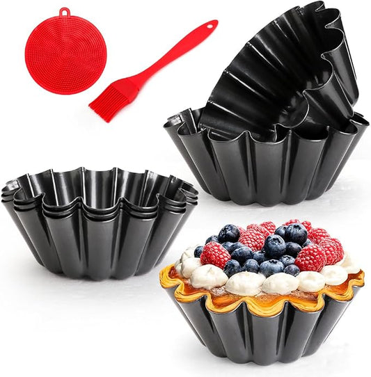 6 Pack Mini Pie Pans, 6.1 Inch Mini Pie Tins Heavy Duty Deep Quiche Pan, Carbon Steel Mini Tart Pan Nonstick Reusable Pie Pans Fluted Side with Oil Brush&Silicone Scrubber