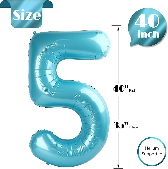 Pearlescent Blue 5 Balloon, Number Balloons 40 Inch, 5th Birthday Balloon Decorations, Pearlescent Blue Party Supplies, 5 Number Balloons, Number 5 Balloon