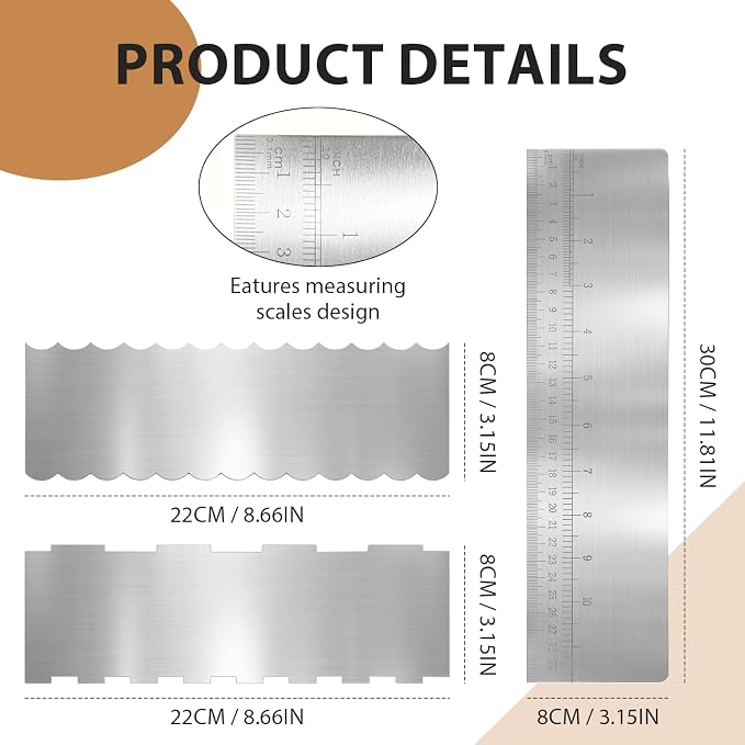 Stainless steel cake spatula, 3-piece set, includes 2 x 8.6-inch double-sided patterned spatulas and 1 x 12-inch stainless steel cake spatula with measurements — suitable for mousse cream frosting.