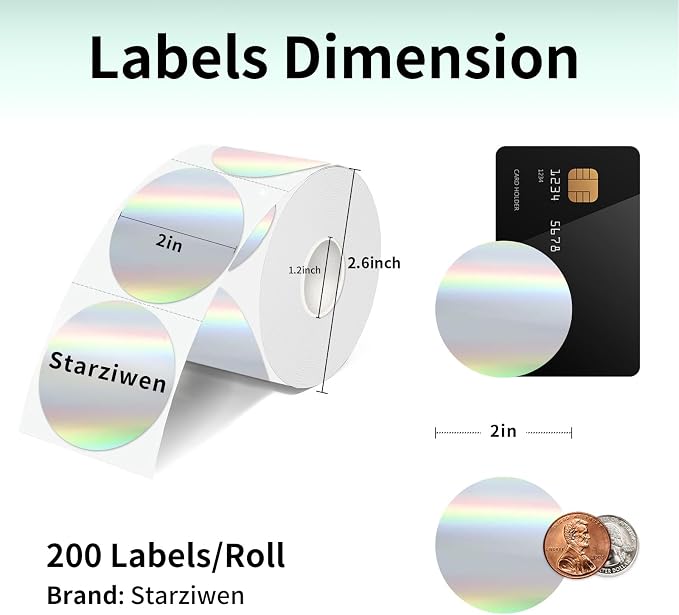 2 Inch Round Holographic Thermal Labels, Waterproof Direct Thermal Stickers, Self-Adhesive Circle Label for Small Business DIY Logo QR Code, Silver (200 Pcs/Roll)