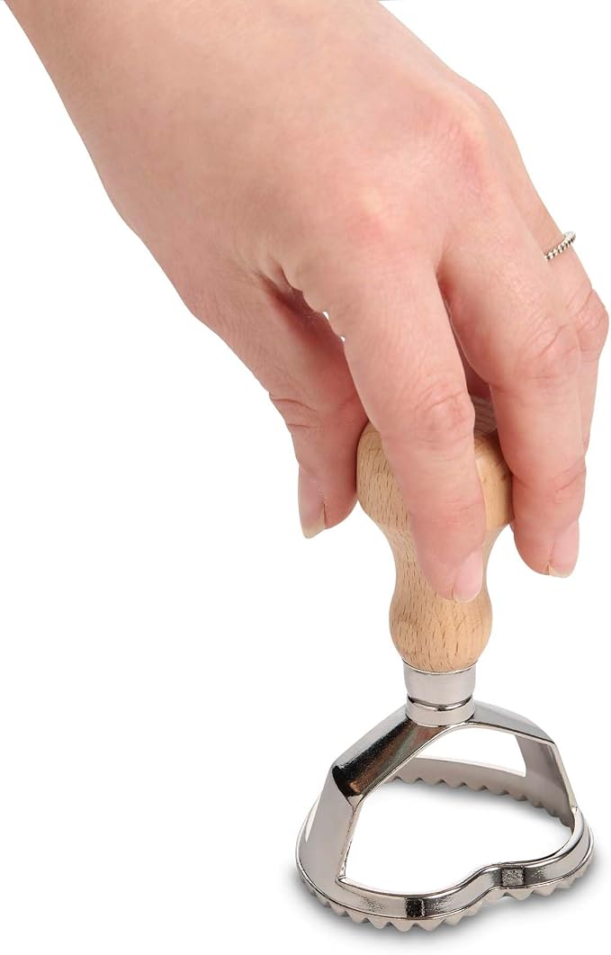 Fante’s Ravioli Maker Stamp With Wooden Handle, Fluted Heart Shape, For Homemade Pasta, Cookies, Everyday Meals, And Holidays, 2.5-Inch
