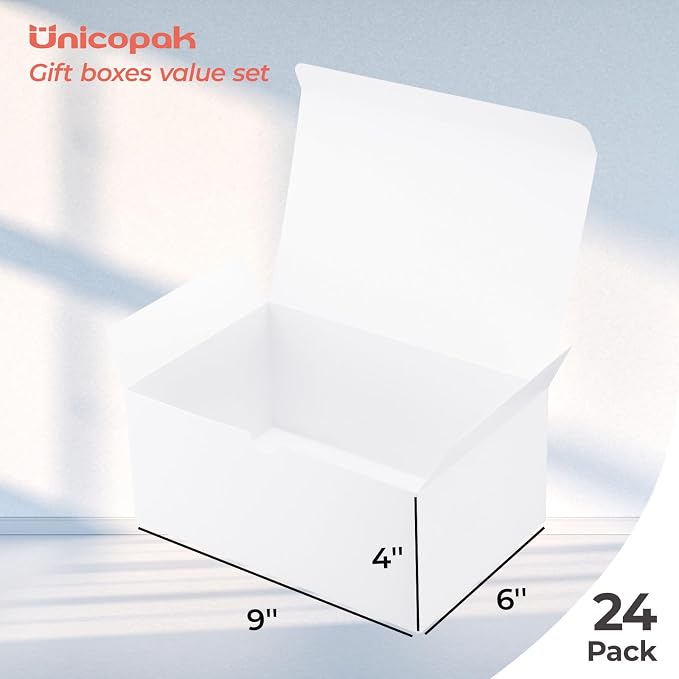 UnicoPak 24 Pack 9x6x4 Gift Boxes, White Gift Boxes with Lids for Presents Bulk for Gifts Birthday Wedding Bridesmaid Proposal Valentine Holiday Christmas