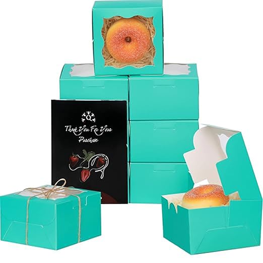qiqee Blue Green Bakery Boxes with Window 55pcs 4x4x2.5 Mini Cookie Boxes Macaron boxes Small Donut Pastry Boxes for Party