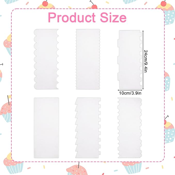 6pcs Acrylic Cake Scrapers Set, 9.4x3.9in Clear Double Sided Cake Icing Fondant Smoother Comb with 12 Shapes for DIY Buttercream Butter Cream Frosting Mousse Dessert Decoration Baking Tool