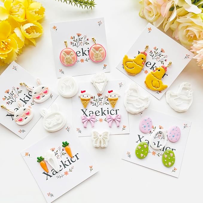 Easter Polymer Clay Cutters Set - 12pcs Sharp & Durable Bunny, Chick, Ice Cream & Egg Shapes for DIY Earring Jewelry Making, Soft Clay Crafts & Spring Holiday Supplies