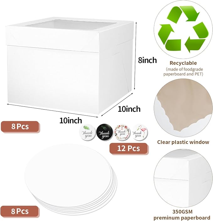 16pcs 10x10x8 Inches Cake Boxes,8pcs White Bakery Boxes with Window and 8pcs Boards,Cajas storage for 10 inch Cake box, Disposable Pie Box, Father's Day,Wedding, Birthday, Party