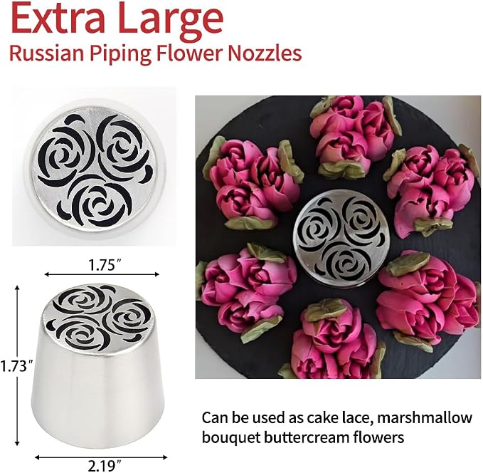 Extra Large Russian Piping Tips - Stainless Steel Flower Nozzles Set for Cake Decorating, Rose & Floral Icing Tips for Cupcakes, Cookies Professional Baking Tools (XXL, Style 63)