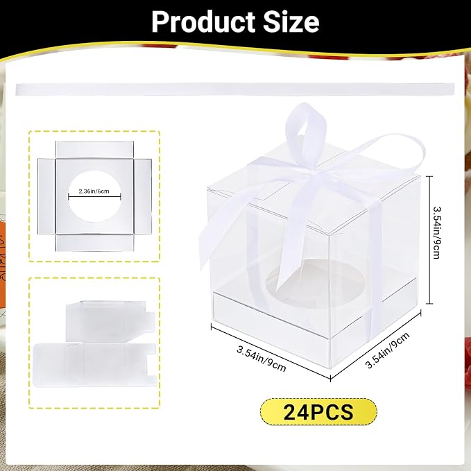 EUSOAR Cupcakes Boxes, 3.5 Inch 24 Packs Muffins Gift Wrappers individual Cupcake Containers with Ribbon, Clear Dessert Pastry Holder Disposable Cookies Carrier for Wedding Party Favor Bakery-Silver