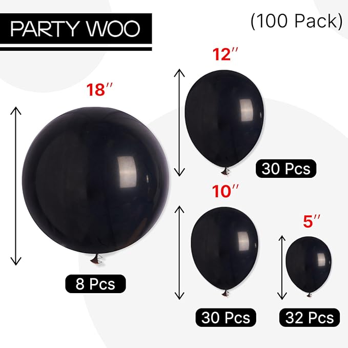 PartyWoo Black Balloons 100 pcs Different Sizes of 18 12 10 5 Inch Black Balloons Arch Kit Garland for Baby Shower Birthday Graduation Casino Gaming Anniversary Race Car Party Decorations Black-Y18
