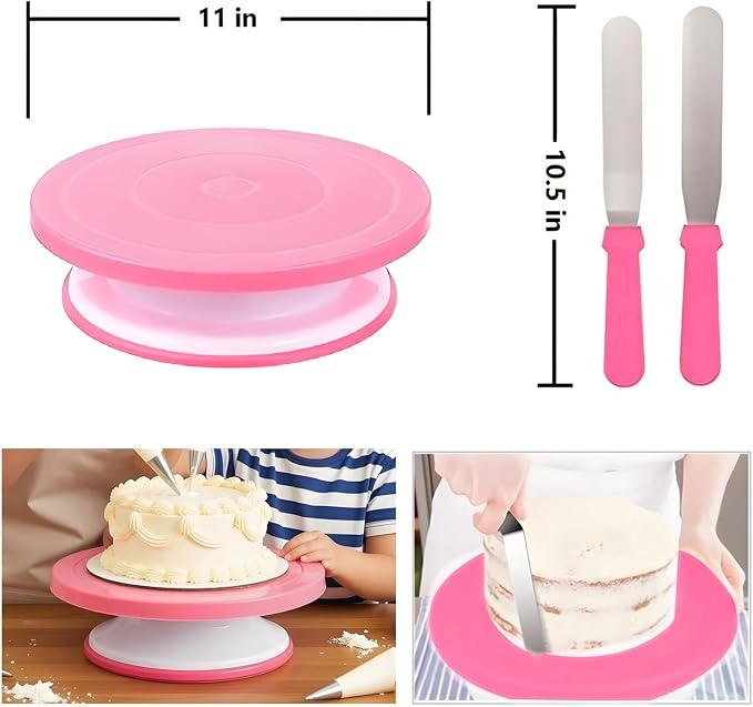 Cake Decorating Kit, 390 Pcs Baking Supplies (Pink) | Cake Turntable, Leveler, 55 Numbered Icing+Skirt Tips, 2 Spatulas, 3 Scrapers, 100 Pastry Bags,150 Cupcake Liners & More