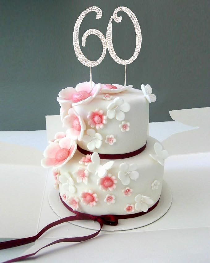 60 Cake Topper | Premium Bling Rhinestone Diamond Gems | 50th Birthday or Anniversary Party Decoration Ideas | Quality Metal Alloy | Perfect Keepsake