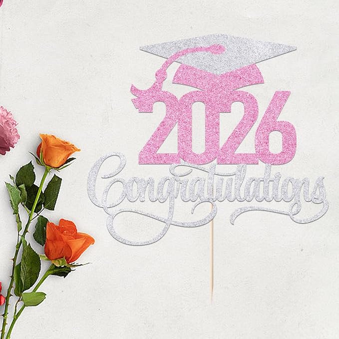 Silver pink 2026 Congratulations Graduation Cake Topper,Congrats Grad Cake Decor - 2026 High School/College/Senior Graduation Party Decorations Supplies