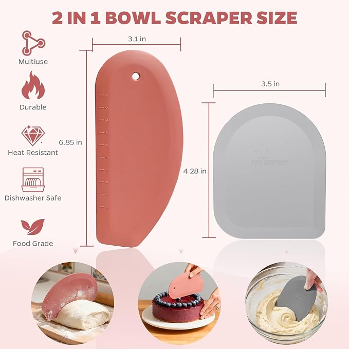 Bowl Scraper Dough Scraper Tool - Set of 2 Silicone Bench Scraper for Baking, Kitchen Pastry Scraper for Bread, Cake, Batter, cheese, Cream, Honey, Jam, Food Scraper with Curved Edge, Red & Grey