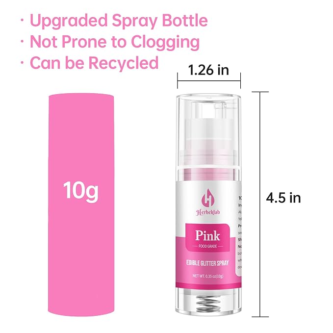 Pink Edible Glitter Spray – Herbeklab 10g Food Grade Edible Shimmer Spray for Cakes, Cookies, Chocolate, Strawberries, Drinks and Cocktails– Upgraded Bottle Design