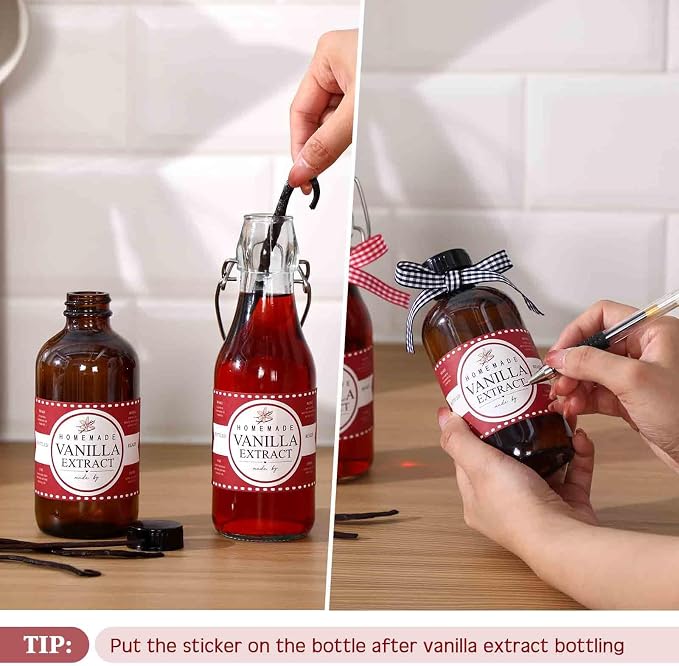 Fulmoon 24 Pcs Vanilla Extract Labels Homemade Vanilla Extract Stickers Bottle Labels with Ribbon Gift Stickers for 4oz, 8oz Handcrafted Bottles Wedding Gifts(Classic)
