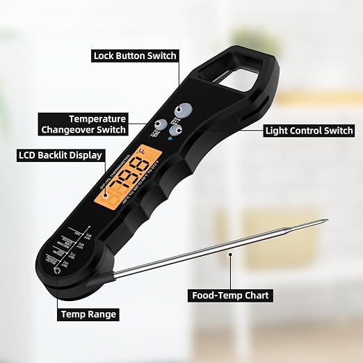 Meat Thermometer Waterproof Food Thermometer with Backlight and Calibration for Kitchen, Outdoor Grilling and BBQ (Black)