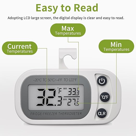 Digital Frigerator Thermometer 2 Pack, Waterproof Fridge and Freezer Thermometer, Thermometer Refrigerator with Large LCD Screen, Stand and Magnetic Back, for Room,Kitchen(White)