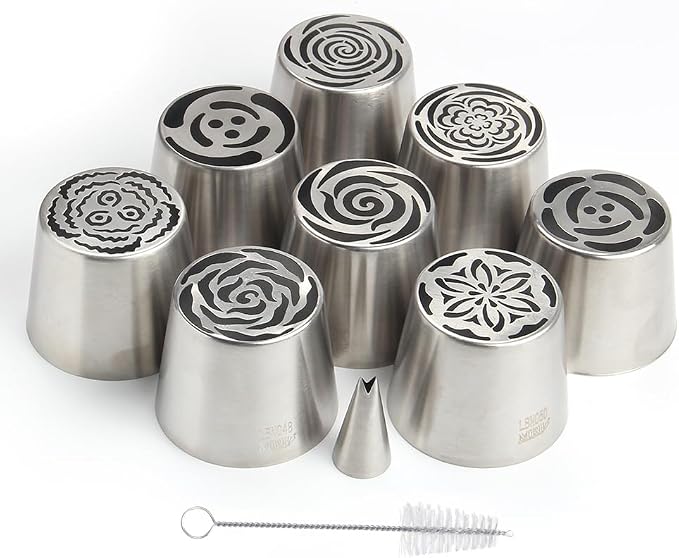 8 Pieces Stainless Steel Extra Large Russian Piping Tips Set,Flower Icing Nozzles with 1 Cleaning Brush,1 Small Leaf Icing Tip for Making Marshmallows,Cupcakes Bouquet,Buttercream Baking Tools