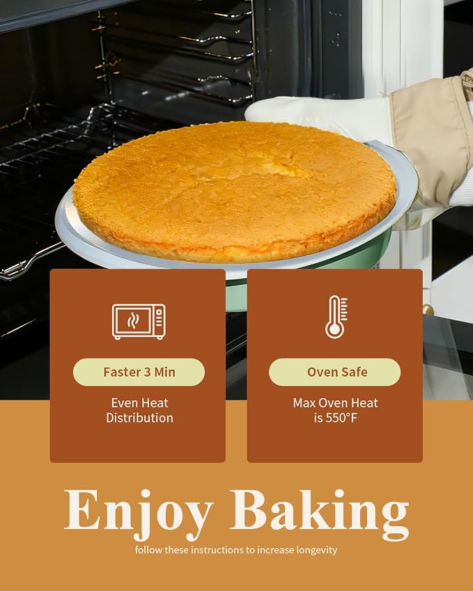 9 Inch Nonstick Round Cake Pan with Handle, Ceramic Coating PFOA PFAS PTFE Free, Aluminized Steel, Oven Safe 550°F, Dishwasher Safe, For Layer Cakes Cheesecakes and Brownies (Pistachio Green)