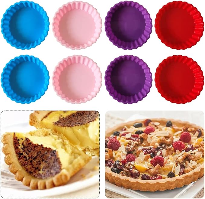 8 Pcs Silicone Quiche Pan,Round 4 Inch Tart M-old Mini Pie Pan Individual Small Fluted Cake Pans For Cooking Baking(Random color)