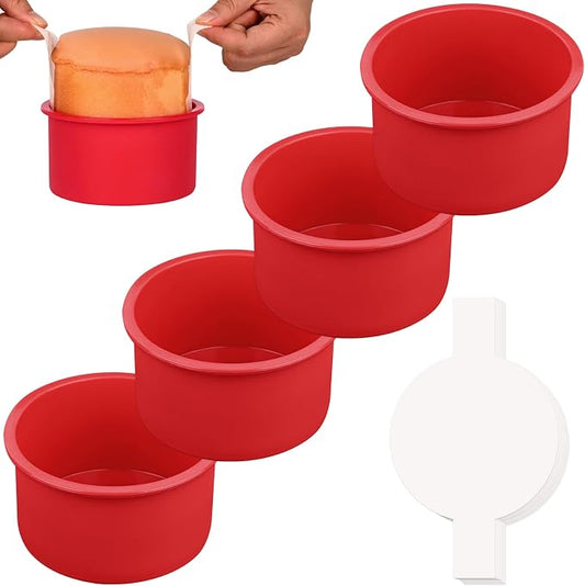 HUAKENER 4 Inch Cake Pan, 4 Pack Silicone Cake Molds with 100 Pieces Parchment Paper, Nonstick Round Cake Pan for Smash Cakes, Layer Cakes, Cheese Caks, Chocolate Cakes ﻿