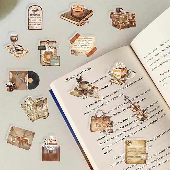 50 Pcs Vintage Cafe Themed Stickers Coffee PET Transparent for Scrapbooking, Self-Adhesive Stickers Water Bottles, Laptop,Scrapbook,Skateboard,Guitar,Phone,Sticker Collectors, DIY Lovers...(Coffee)