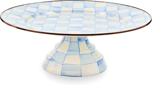 MACKENZIE-CHILDS Enamel Pedestal Platter, Round Cake Stand, Large, 16 Inches, Light-Blue-and-White Sky Check