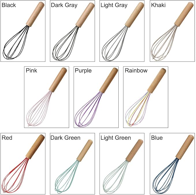 1-Piece Khaki Silicone Whisk with Wooden Handle BRIIEC 10-inch Non Stick Balloon Whisk Egg Beater for Pancake Batter, Eggs and Egg Whites, Cake Mix, Blending, Gravy and Sauces