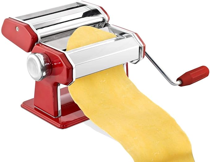 Stainless Steel Manual Pasta Maker Machine | With Adjustable Thickness Settings | Perfect for Professional Homemade Spaghetti and Fettuccini | Includes Removable Handle and Clamp (Red)