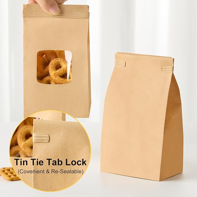 Ocmoiy Small Bakery Cookie Bags with Window, 3.5x2.36x6.7 Inches, 100 Pcs | Tin Tie Tab Lock, Kraft Paper Bags, With Thank You Stickers, For Cookie, Coffee, Bread