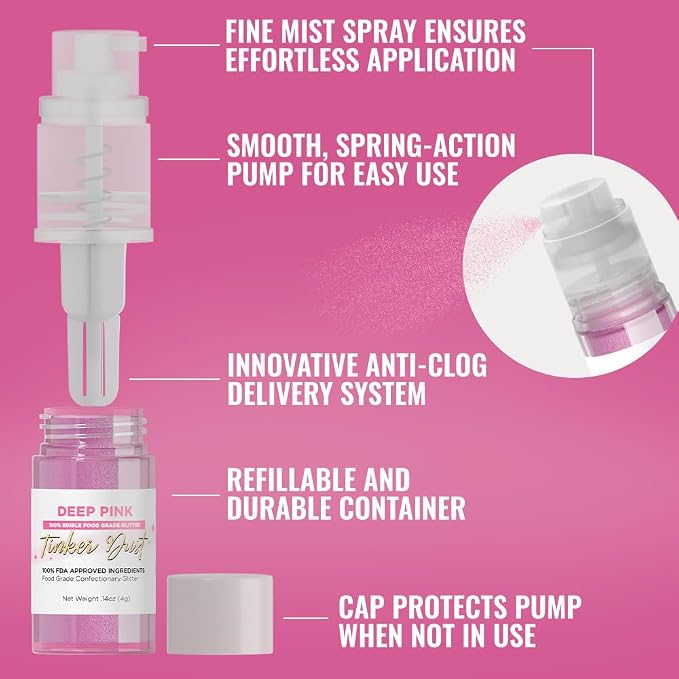 Bakell - Deep Pink Tinker Dust (4g, 1x Mini Spray Pump) Edible Glitter for Food, Desserts, and Baked goods!