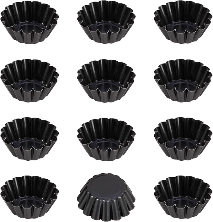 CHEFMADE Mini Egg Tart Pans, Non-Stick 2.5 Inch 12Pcs Tartlet Molds for Baking, Small Round Quiche Pans for Egg Tarts, Cupcakes, Pies (Black)