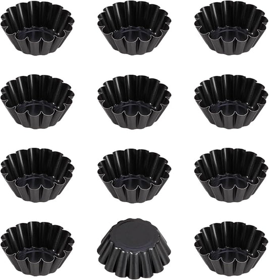 CHEFMADE Mini Egg Tart Pans, Non-Stick 2.5 Inch 12Pcs Tartlet Molds for Baking, Small Round Quiche Pans for Egg Tarts, Cupcakes, Pies (Black)