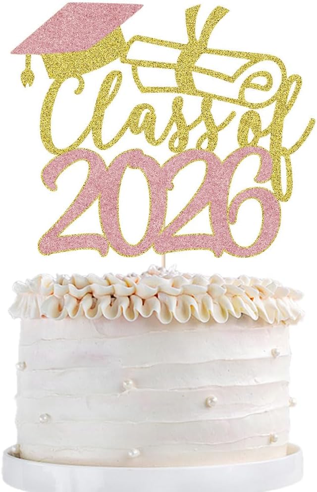 Gold Class of 2026 Congrats Grad Cake Topper Glitter Graduation Party Supplies - High School College Graduates -College Graduate Cake Topper Decorations (Class of 2026 Gold and rose gold)