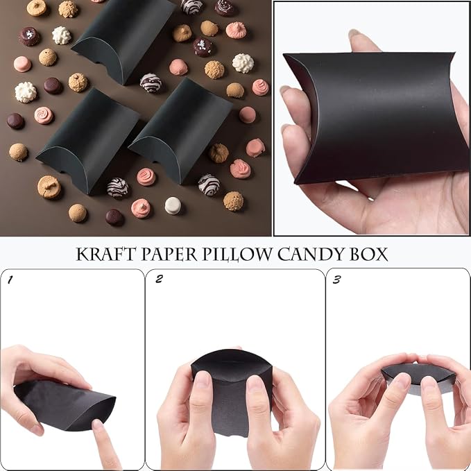 icyhey 50 Pcs Kraft Paper Pillow Gift Boxes,3.5x2.6 Inch Mini Folding Treat Boxes, Creative Favor Box Folding Treat Boxes for Bakery, Candy, Jewelry, Wedding & Party Favors(Black-1)