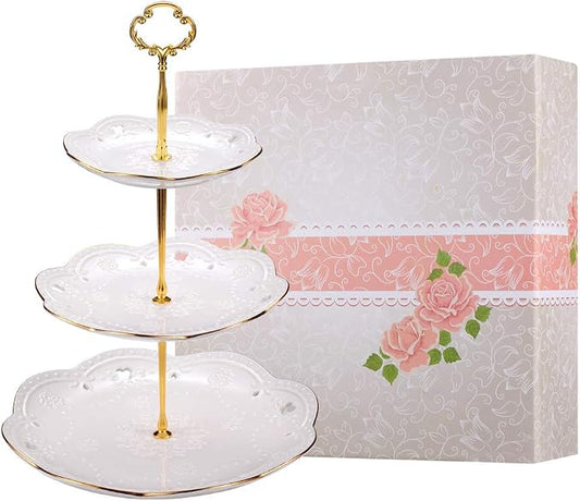 3-Tier Porcelain Embossed Cupcake Stand - Pure White Rimmed with Gold Dessert Cake Stand - Pastry Serving Tray Platter for Tea Party, Wedding and Birthday