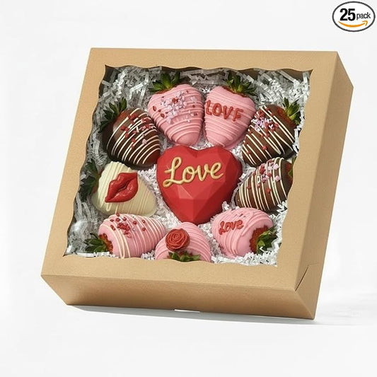 25PCS 9x9x2.5 Inches Brown Bakery Boxes with Window, Pastry Box for Chocolate Strawberries, Macarons, Truffles, Perfect for Thanksgiving Day, Mother's Day, Christmas Party Favors & Holiday