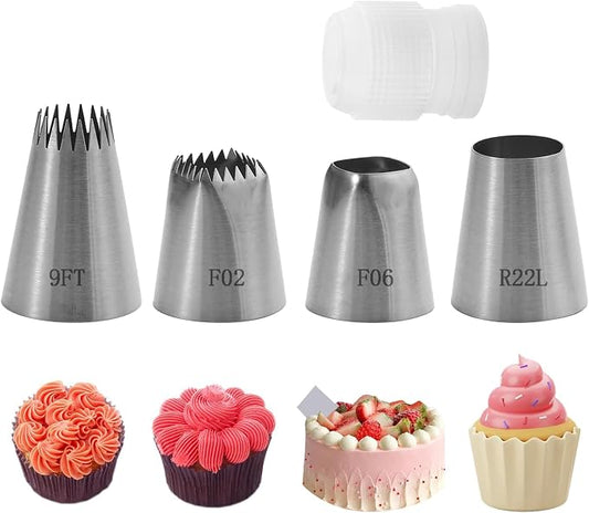 5 Pcs Large Piping Tips Set with Coupler, Stainless Steel Frosting Tips for Cake Decorating, Extra Large Pastry Nozzles for Cupcakes, Cookies, Churros, Eclairs, Meringue and Baking(F02/F06/9FT/R22L)