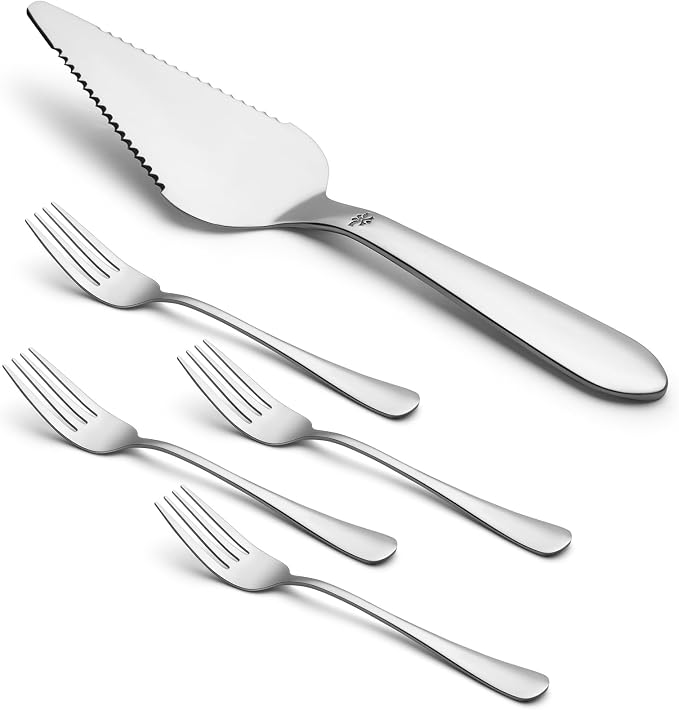 Eisinly 1 Pcs Cake Pie Server and 4 Forks Set for Wedding, Elegant Pizza Slicer Server Set with Stainless Steel Big Serrated Edges, Cake Cutter Pie Spatula for Birthday Anniversary, Silver