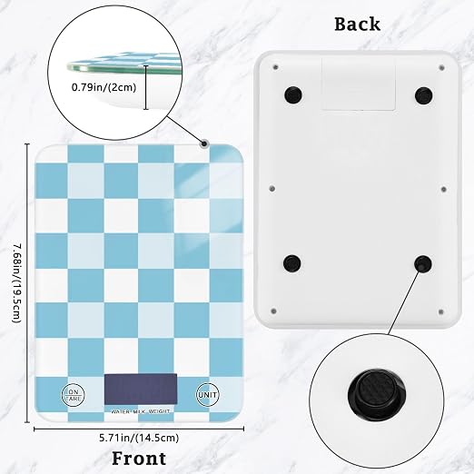 Food Scale Kitchen Digital Scale Food Ounces and Grams Dieting Baking Cooking Waterproof Glass Panels LCD Display,4 Units Scale Tare Function Plaid Blue White Checkered