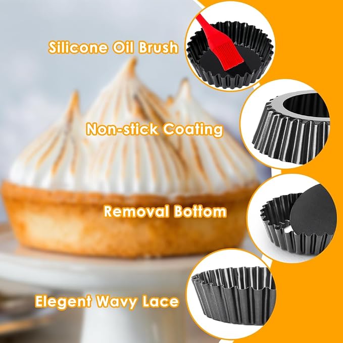 6 Pieces Mini Tart Pans 4 Inch with Removable Bottom Nonstick Quiche Pan 1.2 Inch Deep Mini Pie Pans Tart Pan Bakeware Mold Fluted Side for Pies with Oil Brush&Silicone Scrubber