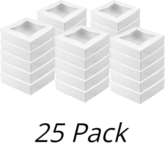 O’Creme White Bakery Boxes with Window 9x9x2.5 in, 25 Pack, Display Pies, Pastries, Cupcakes and Cookies | Paperboard White Kraft Auto-Popup Window Cake Boxes, Pie Pastry Container Carrier