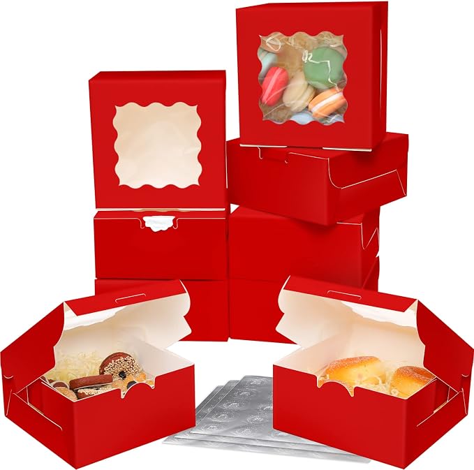 Bakepacker 60pcs Red Bakery Boxes with Window 6x6x3 inches Thick & Cookie Boxes & Sturdy Macaroon Pastry