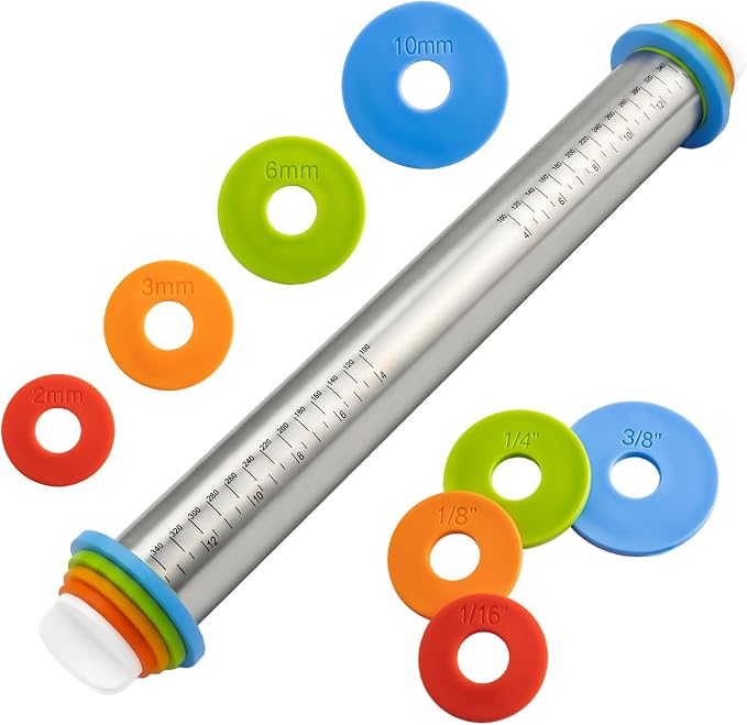 Cake Pop Roller, Adjustable Rolling Pin with Thickness Rings, Stainless Steel Design Ensures Smooth Rolling and Is Easy to Clean, Perfect for Evenly Rolling Dough for Pizza, Pie, Pastries, Pasta