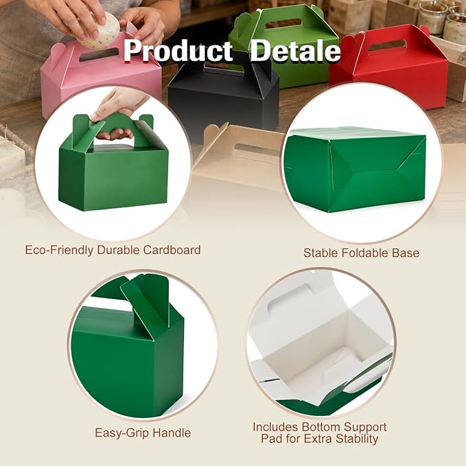 Aosric Small Green Gable Boxes 3.5 x 3.5 x 6.3 In, 30 Pack | Premium Cardstock Party Favor Boxes with Handles for Christmas, St. Patrick's Day, Treats, Bakery, Cookies & Gift Packaging