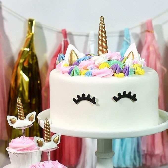 Unicorn Cake Topper, Reusable Gold Unicorn Horn, Ears and Eyelashes Party Cake Decoration Value Set for Unicorn Party Decoration for Baby Shower, Wedding and Birthday Party(Set of 5)